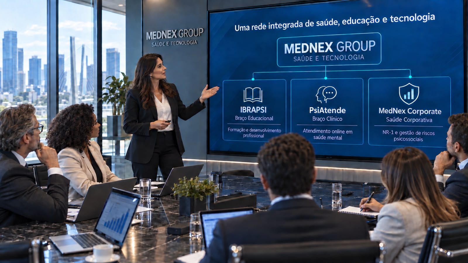 Presentación de la estructura de MedNex Group: IBRAPSI como brazo educativo, PsiAtende como brazo clínico y MedNex Corporate en la salud corporativa.